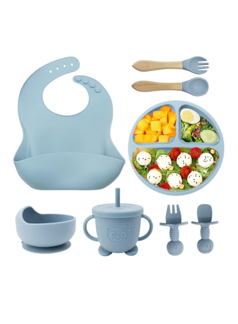 Silicone baby tableware and weaning supplies set, with adhesive base split tray, spoon, fork, spill proof suction cup and adjustable bib, suitable for 8+months, 8 pieces, blue  - Image 1
