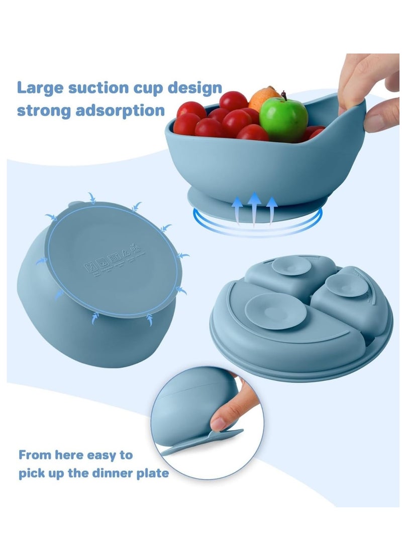 Silicone baby tableware and weaning supplies set, with adhesive base split tray, spoon, fork, spill proof suction cup and adjustable bib, suitable for 8+months, 8 pieces, blue  - Image 2