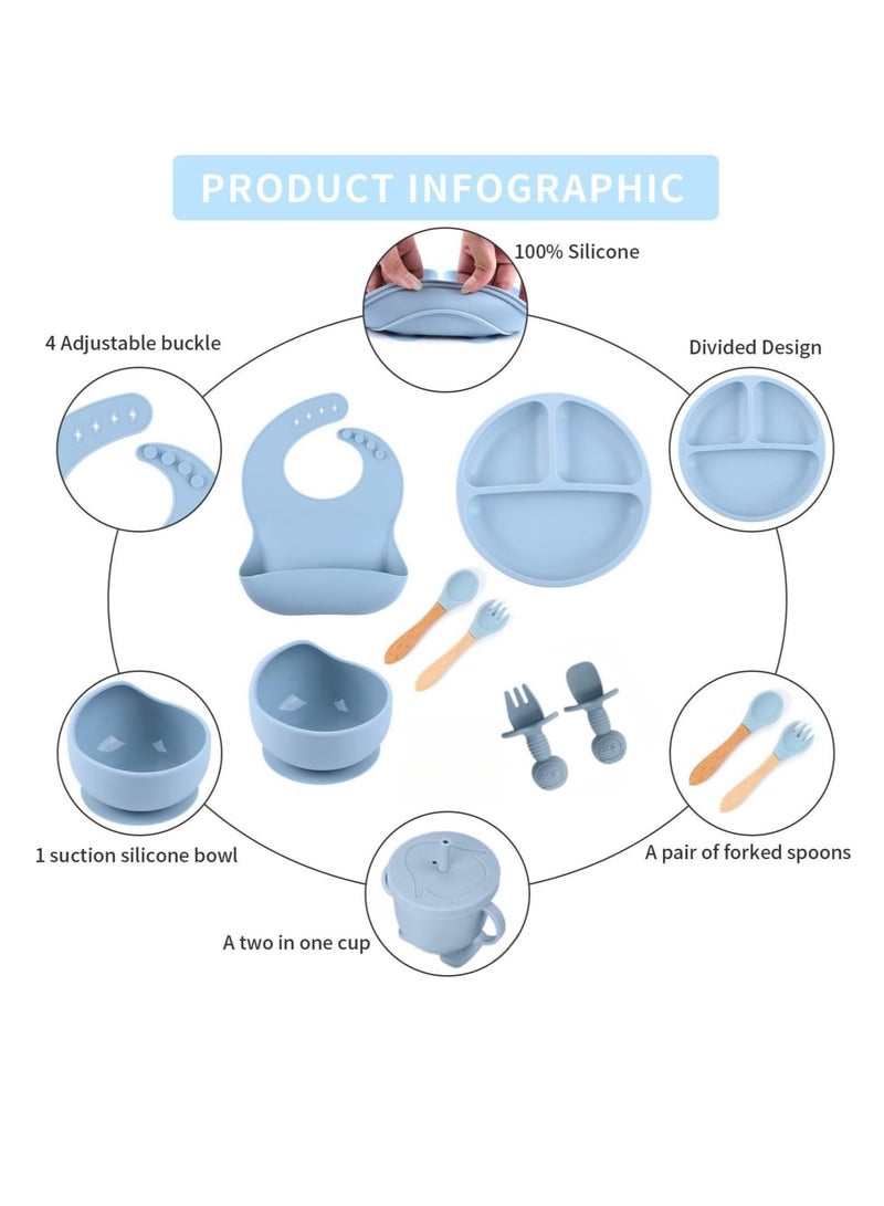 Silicone baby tableware and weaning supplies set, with adhesive base split tray, spoon, fork, spill proof suction cup and adjustable bib, suitable for 8+months, 8 pieces, blue  - Image 3