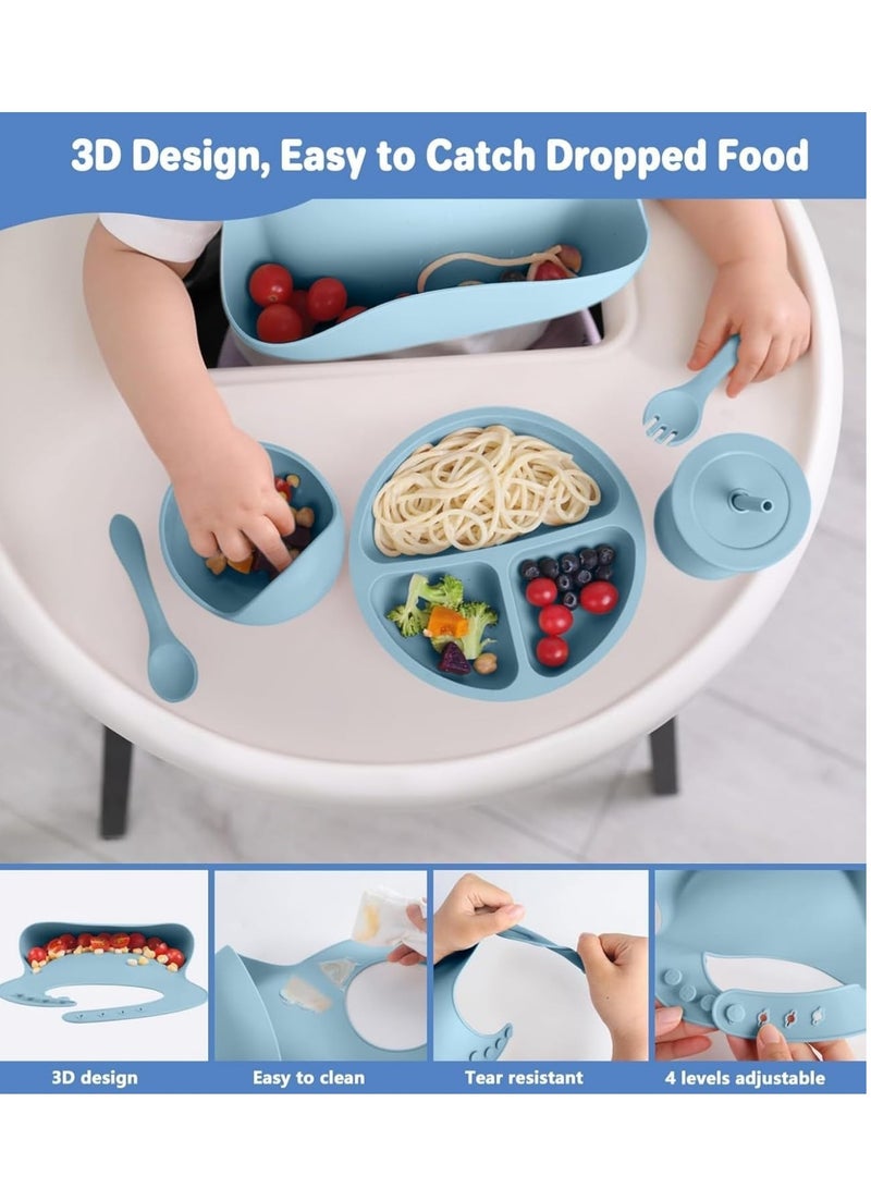 Silicone baby tableware and weaning supplies set, with adhesive base split tray, spoon, fork, spill proof suction cup and adjustable bib, suitable for 8+months, 8 pieces, blue  - Image 4