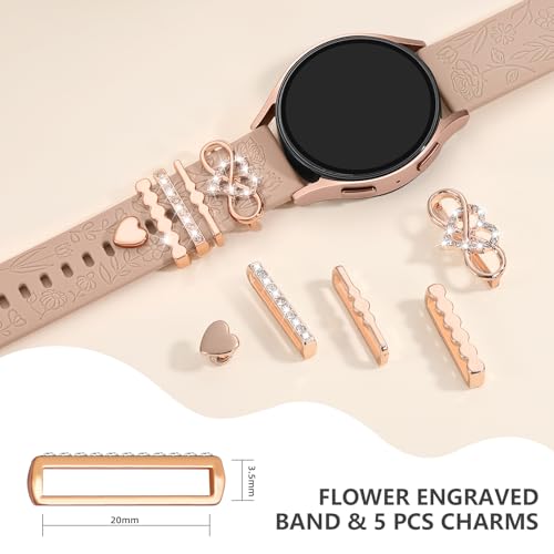 DaQin Flower Engraved Band Compatible with Samsung Galaxy Watch 7 Band/FE 6 5 4 40mm 44mm,Galaxy Active 2, 20mm Watch Band Soft Silicone Replacement Strap with Decorative Charms Accessories Women - Image 5