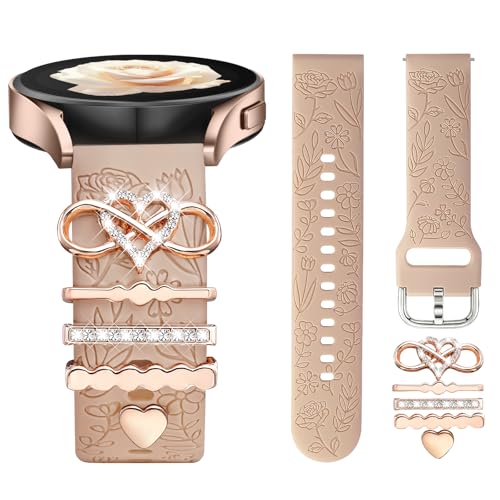 DaQin Flower Engraved Band Compatible with Samsung Galaxy Watch 7 Band/FE 6 5 4 40mm 44mm,Galaxy Active 2, 20mm Watch Band Soft Silicone Replacement Strap with Decorative Charms Accessories Women - Image 1