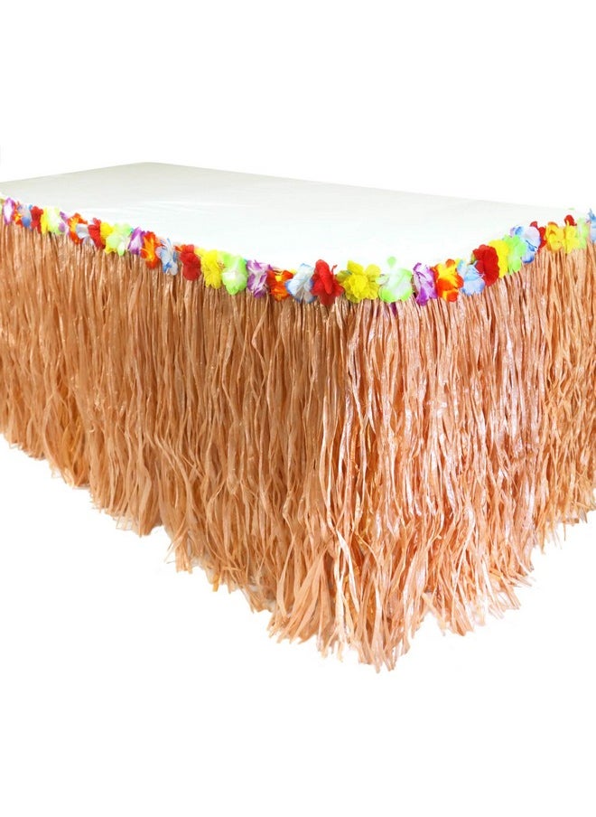GiftExpress 9 Feet X 29" Luau Grass Table Skirt - Hawaiian Theme Party Party Skirt With Hibiscous Flower Decooration - Fringe Raffia Straw Backdrop For Moana Birthday Decorations  - Image 1