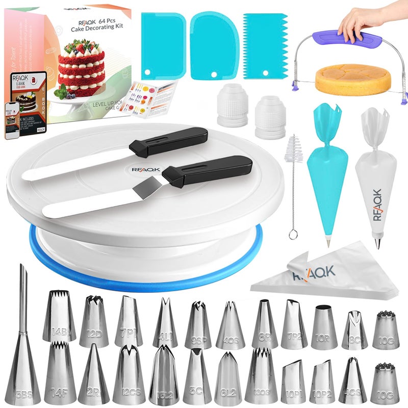 RFAQK 64 PCs Cake Decorating Kit for Beginners Includes Video Course, Booklet + Baking Supplies Gift - Cake Stand, Leveler, 24 Numbered Piping Tips, Straight & Offset Spatula, & Scraper sets - Image 1