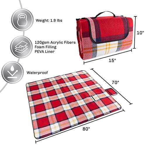 Wakeman Outdoor Picnic Blanket with Foam Padding - Waterproof and Foldable Beach Mat for Travel, Camping, Festivals, and Sports (Red Plaid) - Image 2