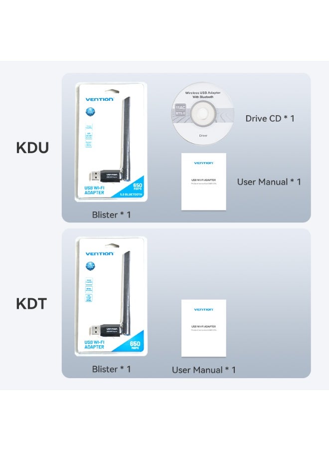 فينشن - محول شبكة واي فاي مزدوج النطاق USB AC650 من VENTION مع هوائي عالي الكسب أسود، رقم الموديل KDTB0 - Image 1