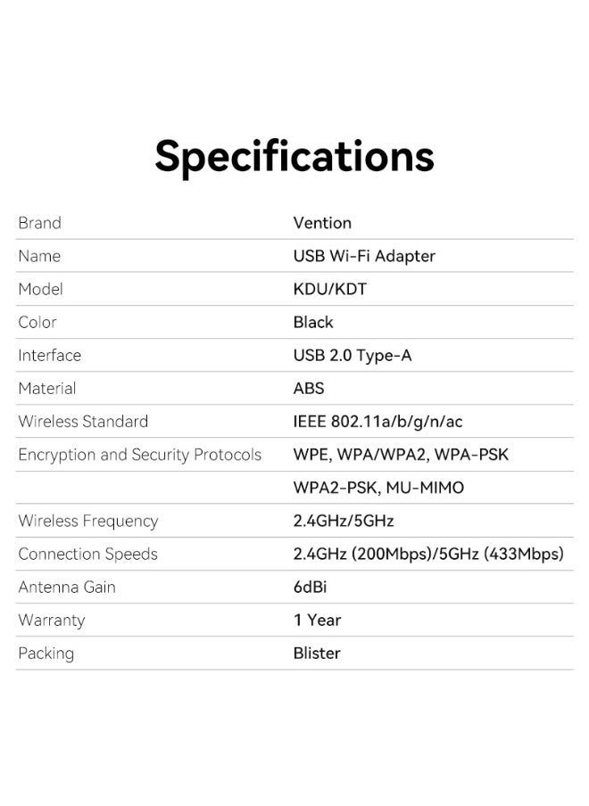 فينشن - محول شبكة واي فاي مزدوج النطاق USB AC650 من VENTION مع هوائي عالي الكسب أسود، رقم الموديل KDTB0 - Image 1