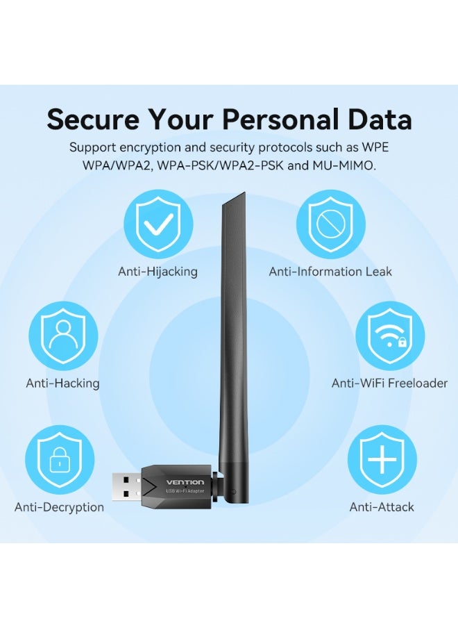 فينشن - محول شبكة واي فاي مزدوج النطاق USB AC650 من VENTION مع هوائي عالي الكسب أسود، رقم الموديل KDTB0 - Image 1