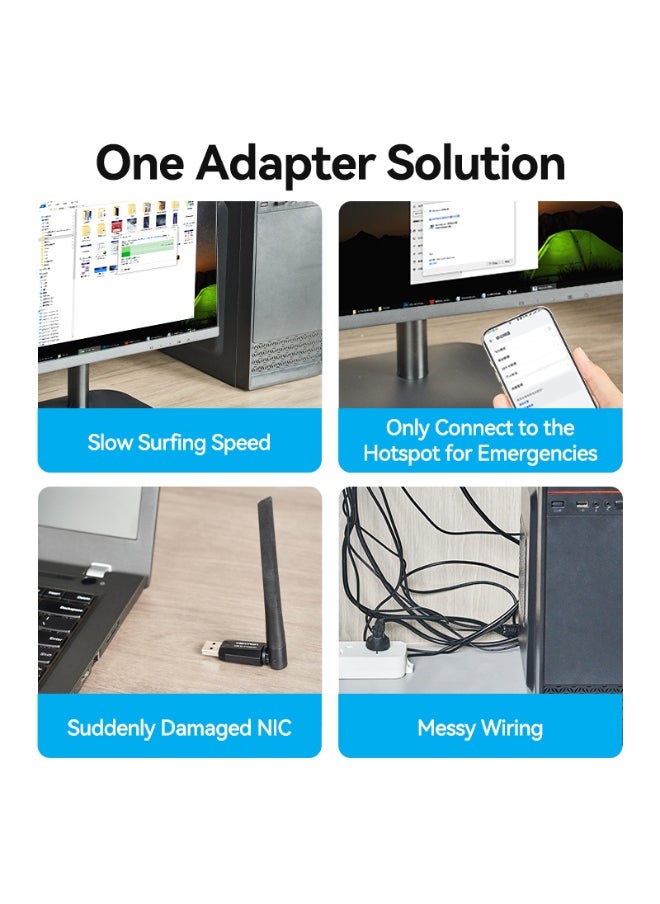 فينشن محول شبكة واي فاي مزدوج النطاق USB AC650 من VENTION مع هوائي عالي الكسب أسود، رقم الموديل KDTB0  - Image 3
