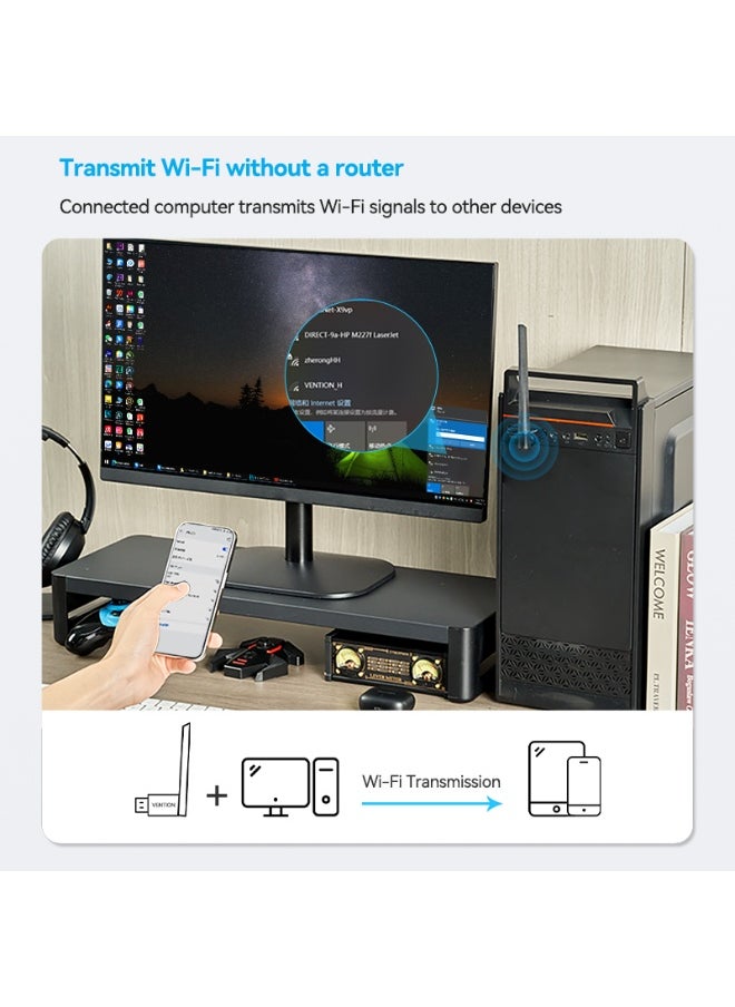فينشن - محول شبكة واي فاي مزدوج النطاق USB AC650 من VENTION مع هوائي عالي الكسب أسود، رقم الموديل KDTB0 - Image 1