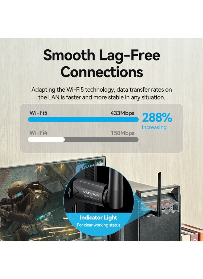 فينشن - محول شبكة واي فاي مزدوج النطاق USB AC650 من VENTION مع هوائي عالي الكسب أسود، رقم الموديل KDTB0 - Image 1
