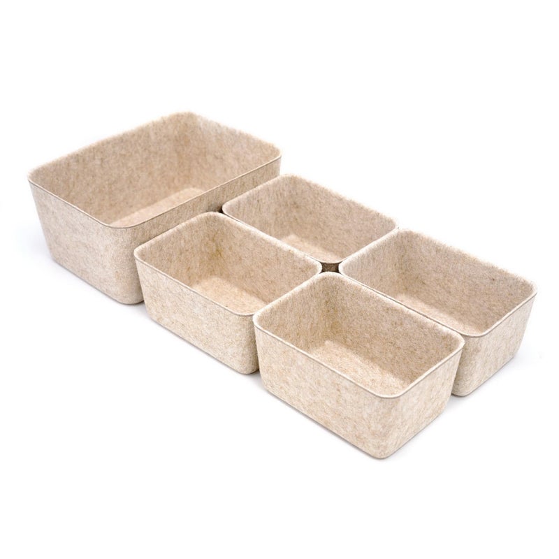 Welaxy 5-piece Drawer organizers dividers storage bins deep storage bin aesthetic wabi-sabi Scandinavian-chic storage bin hygge sleek minimalist lifestyle gifts (Oatmeal) - Image 1