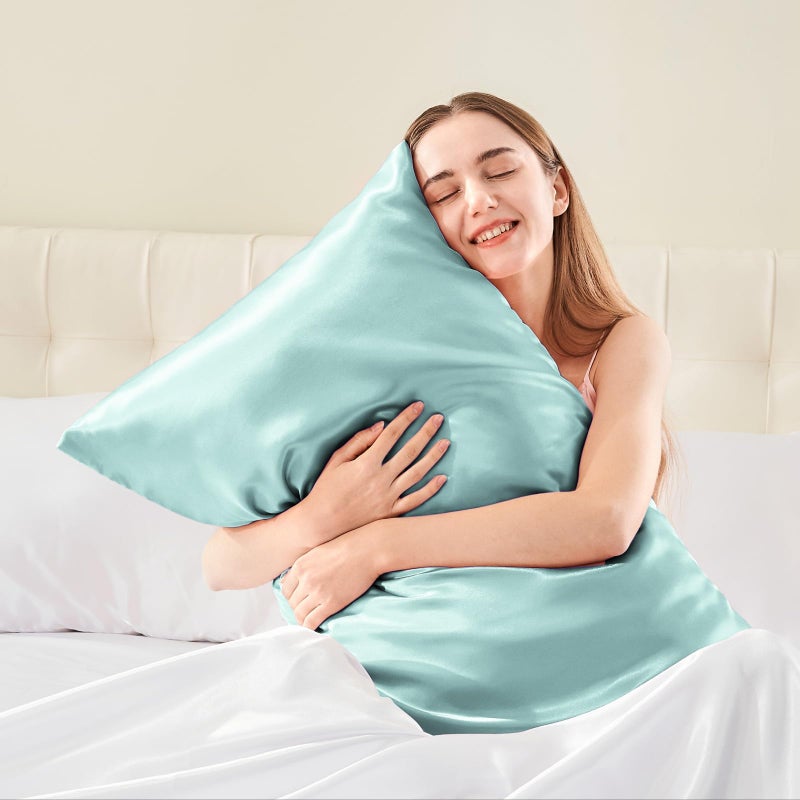 بيديليت وسادة الساتان البديلة للشعر والجلد الفائق الناعم والتبريد على غرار حالات وسادة الحرير 2 مع هدية إغلاق المغلف للنساء الرجال (20 "" x26 "الحجم القياسي الأزرق الرمادي) - Image 2