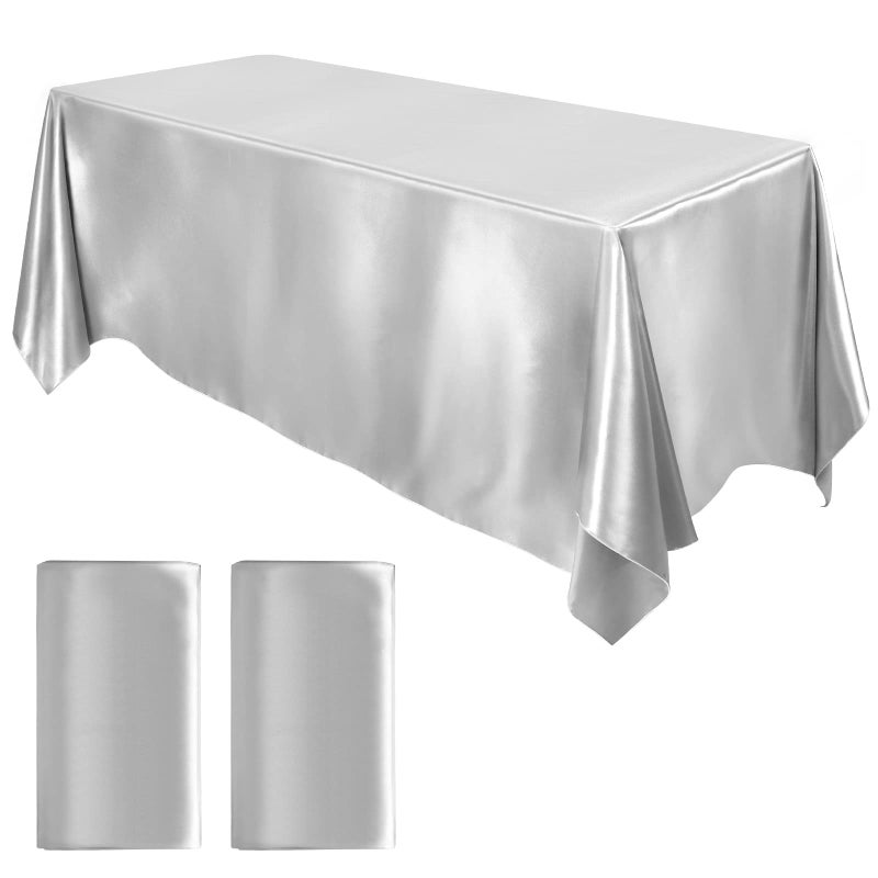 MCEAST 2 Pack Satin Tablecloths  102 x 58 Inch Rectangular Silk Table Overlays for Wedding Banquet Decoration Silver