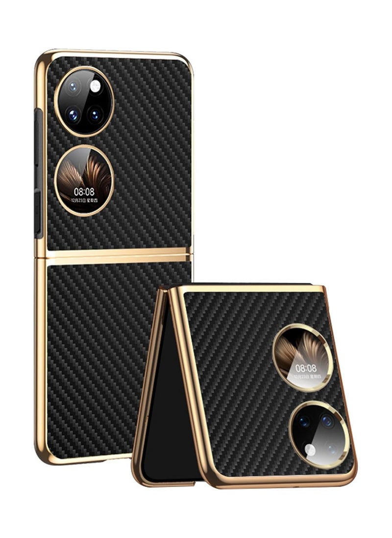 General Business Style Case for Huawei Pocket 2, Plating Gold Edge Genuine Leather Case, with Carbon Fiber Texture, Ultra-Thin Cover  - Image 1