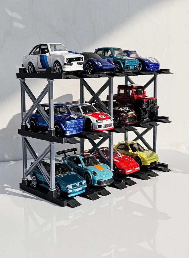 Garage64 حاوية عرض سيارات مصبوبة من Garage64 بمقياس 1:64 - تخزين متعدد الطبقات لسيارات مصبوبة قابلة للتحصيل من Hot Wheels و Mini GT و Matchbox | أسود مطفي وفضي (3 طبقات - سعة 12 سيارة) - Image 1