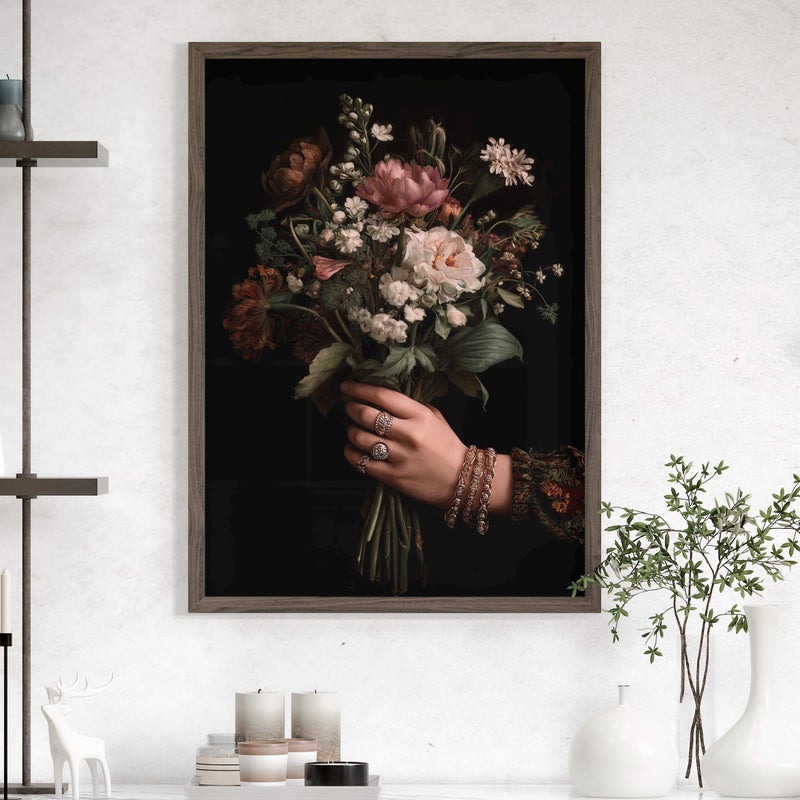 TNESSENTIAL Baroque Floral Still Life Wall Art Poster or Canvas Print, Moody Chiaroscuro Bouquet Vintage Art, Dark Academia Peony Flowers Print Gift - Image 1