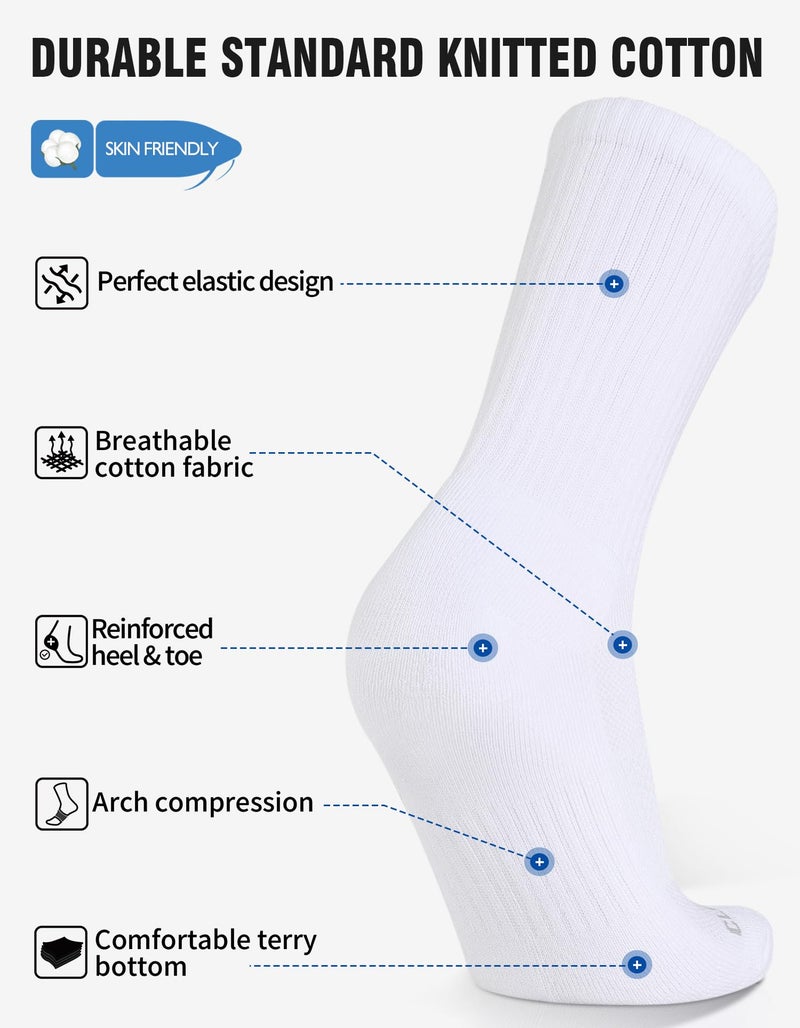 CLOSEMATE Mens Moisture-Wicking Athletic Cushioned Crew Socks 6 Pairs Cotton Comfy Running Training Sports(6 White, Size L) - Image 4