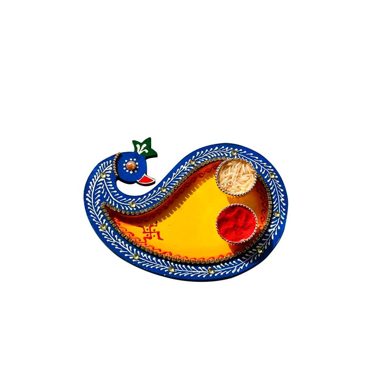 Saugat Traders Handmade Wooden Decorative Pooja Thali for Home Mandir Pooja Room Rakhi Bhai Dooj Puja Thali Set Peacock Design Thali - Image 2