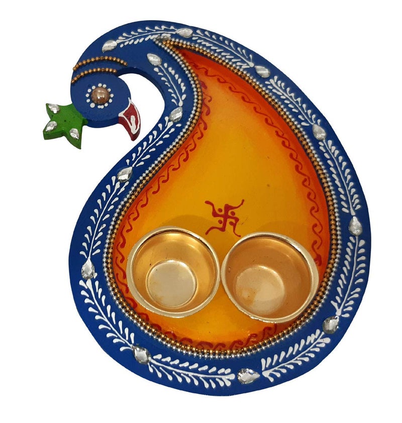 Saugat Traders Handmade Wooden Decorative Pooja Thali for Home Mandir Pooja Room Rakhi Bhai Dooj Puja Thali Set Peacock Design Thali - Image 1