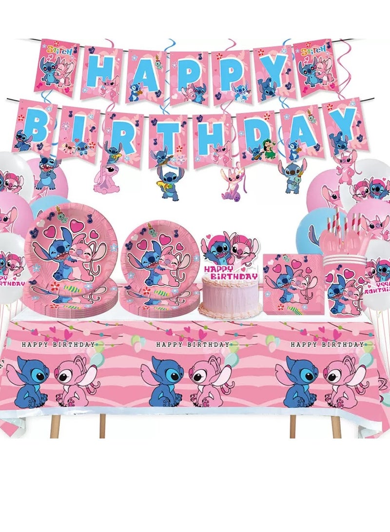 xppier 131 PCS Stitch Party Decorations for 10 Guests, Stitch Birthday Party Disposable Tableware Stitch Themed Party Plates Balloons Banner Tablecloth  - Image 1