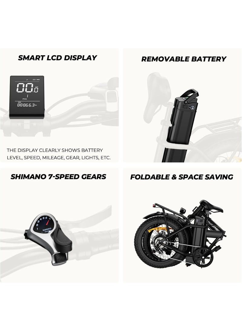 حصان الريح دراجة كهربائية قابلة للطي للطرق الوعرة W4A 750 واط، بطارية قابلة للإزالة 48 فولت 15.6 أمبير، سرعة 40 كم/ساعة، مدى 45-60 كم، شاشة LCD كبيرة، إطارات سميكة 20 بوصة، Shimano 7 سرعات، إطار من سبائك الكربون - Image 5