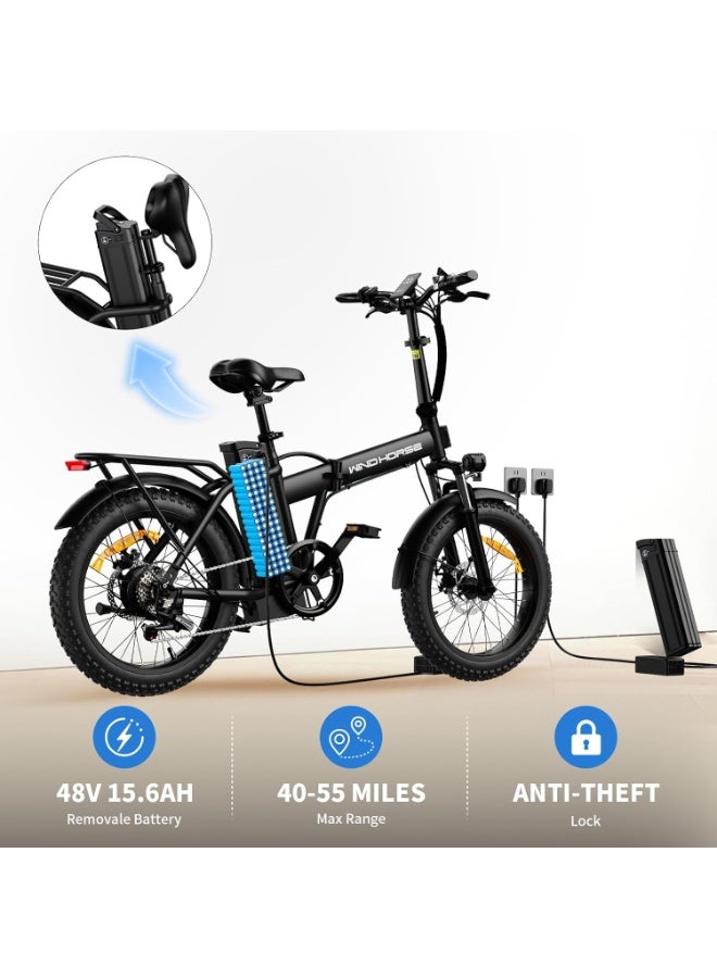 حصان الريح دراجة كهربائية قابلة للطي للطرق الوعرة W4A 750 واط، بطارية قابلة للإزالة 48 فولت 15.6 أمبير، سرعة 40 كم/ساعة، مدى 45-60 كم، شاشة LCD كبيرة، إطارات سميكة 20 بوصة، Shimano 7 سرعات، إطار من سبائك الكربون - Image 3