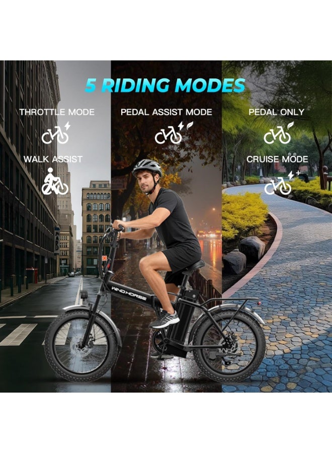 حصان الريح دراجة كهربائية قابلة للطي للطرق الوعرة W4A 750 واط، بطارية قابلة للإزالة 48 فولت 15.6 أمبير، سرعة 40 كم/ساعة، مدى 45-60 كم، شاشة LCD كبيرة، إطارات سميكة 20 بوصة، Shimano 7 سرعات، إطار من سبائك الكربون - Image 4