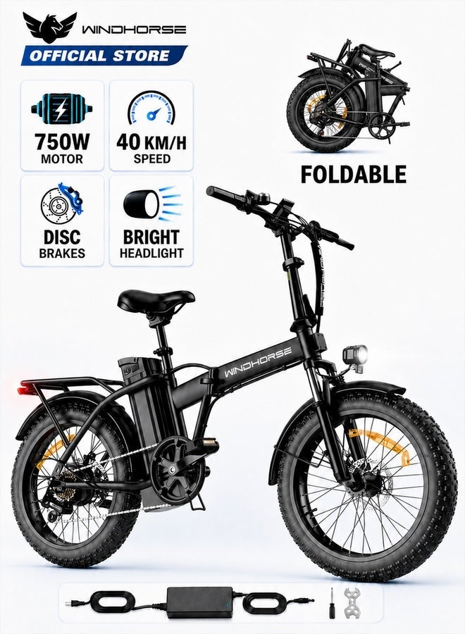 Wind Horse W4A Electric Folding Off-Road Bike 750W, 48V 15.6Ah Removable Battery, 40km/h Speed, 45-60km Range, Big LCD Display, 20 Inches Fat Tires, Shimano 7-Speed, Carbon Alloy Frame - Image 2