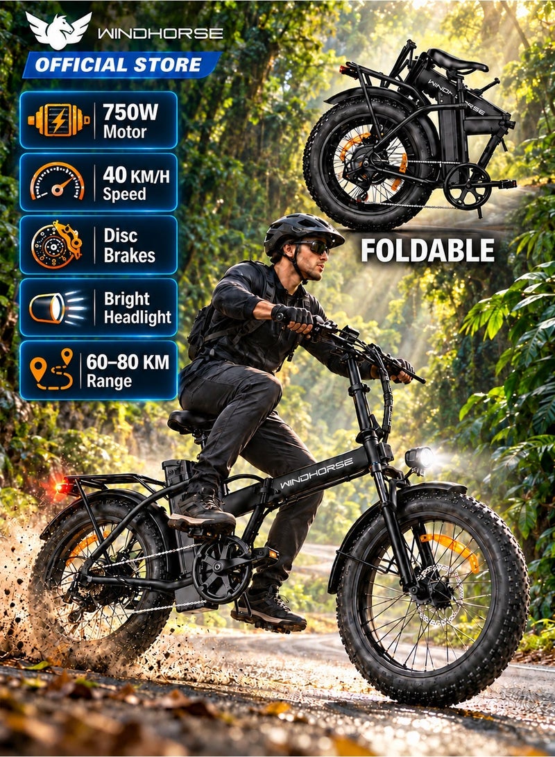 Wind Horse W4A Electric Folding Off-Road Bike 750W, 48V 15.6Ah Removable Battery, 40km/h Speed, 45-60km Range, Big LCD Display, 20 Inches Fat Tires, Shimano 7-Speed, Carbon Alloy Frame - Image 1