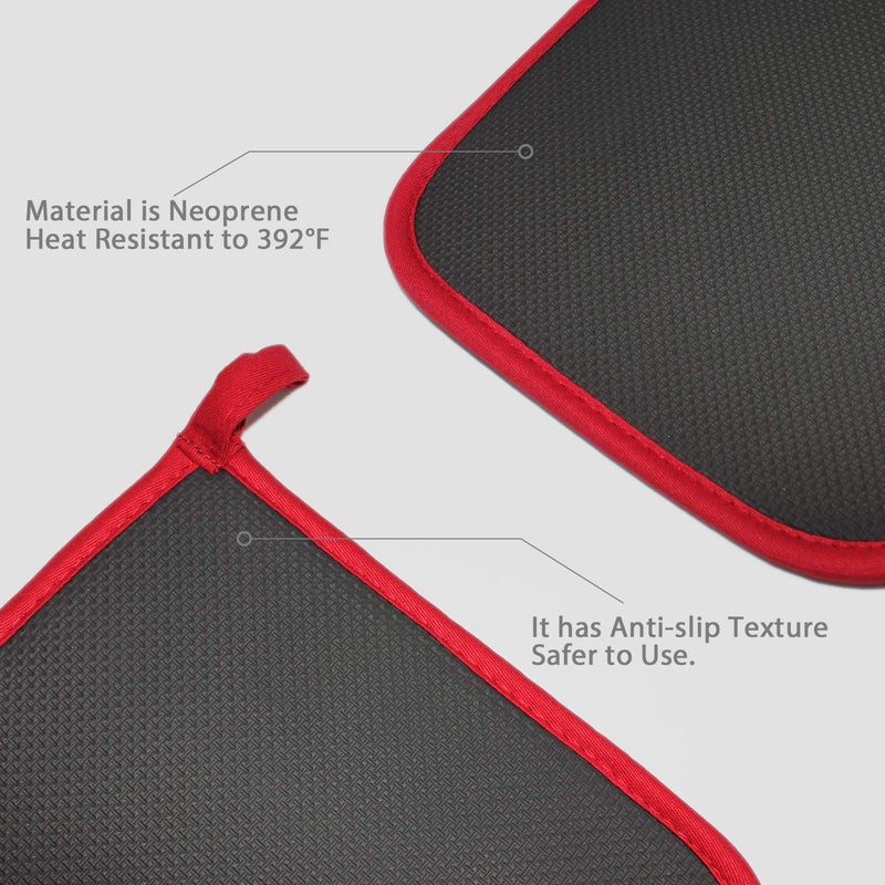 YEKOO Cotton and Neoprene Oven Pads Pot Holders with Pocket 8""x8.5"" Dual-Function Hot Pad Set for Finger Hand Wrist Protection Heat Resistant to 428F Red - Image 2