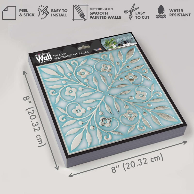 Main Street â€“ 24-Pack of 8 x8 Peel and Stick Backsplash Wallpaper Tiles â€“ Teal and Silver Leaves Design â€“ Removable Self Adhesive Wall Tile for Kitchen, Renter-Friendly for Your Home and DIY Projects - Image 2