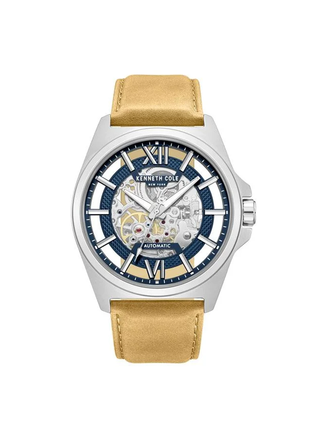 Kenneth Cole New York Pelham Bay Men's 44mm Automatic Watch with Blue Dial & Tan Genuine Leather Strap