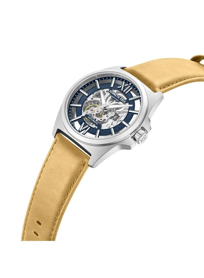 Kenneth Cole New York Pelham Bay Men's 44mm Automatic Watch with Blue Dial & Tan Genuine Leather Strap