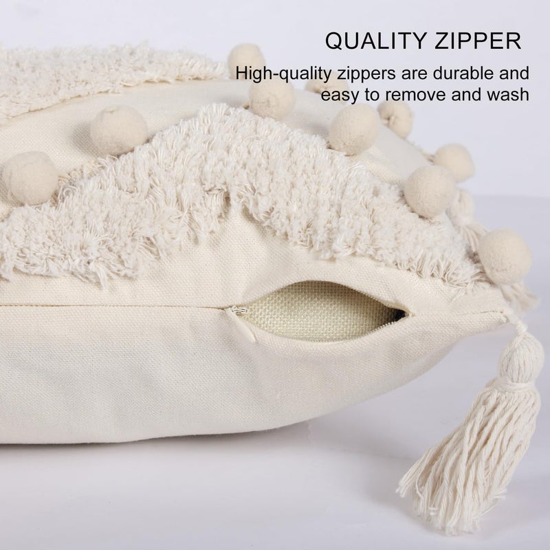 RinRinfam Boho Tufted Lumbar Throw Pillow Cover 12x 20 with Tassels, Pompom Diamond Farmhouse Neutral Pillow Cushion Cases, Decorative Pillows for Bed, Outdoor Couch Bedroom Car Cream - Image 4