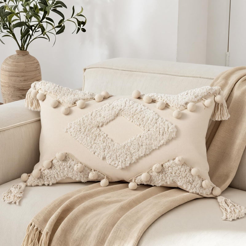 RinRinfam Boho Tufted Lumbar Throw Pillow Cover 12x 20 with Tassels, Pompom Diamond Farmhouse Neutral Pillow Cushion Cases, Decorative Pillows for Bed, Outdoor Couch Bedroom Car Cream - Image 1
