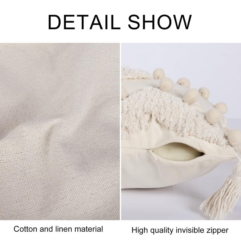 RinRinfam Boho Tufted Lumbar Throw Pillow Cover 12x 20 with Tassels, Pompom Diamond Farmhouse Neutral Pillow Cushion Cases, Decorative Pillows for Bed, Outdoor Couch Bedroom Car Cream - Image 3