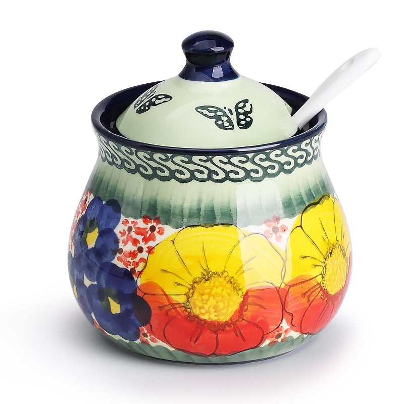 silesia Handmade Sugar Bowl with Lid and Spoon, 9 Ounce Ceramic Hand-Painted Sugar Jar for Home in Gift Box, Kitchen Decor, Oven, Dishwasher & Microwave Safe, Glazed Green - Image 1