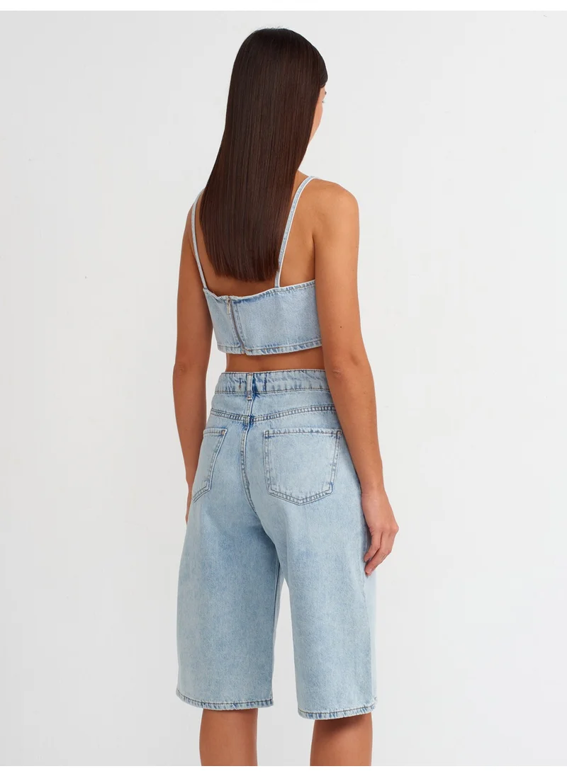 Dilvin 71675 Flowy Fabric Denim Capri-Blue