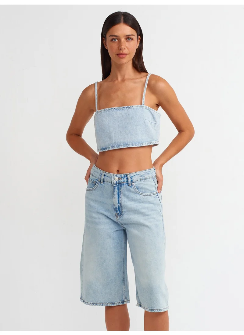 Dilvin 71675 Flowy Fabric Denim Capri-Blue