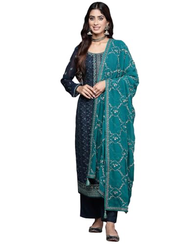 Libas Womens Embroidered Georgette Straight Kurta With Trousers and Dupatta - Image 1