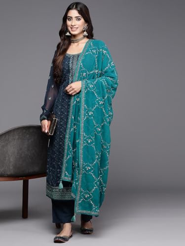 Libas Womens Embroidered Georgette Straight Kurta With Trousers and Dupatta - Image 4