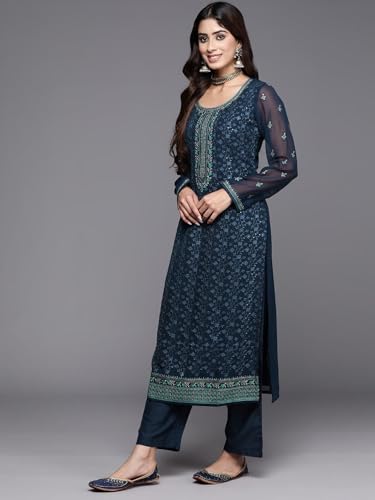 Libas Womens Embroidered Georgette Straight Kurta With Trousers and Dupatta - Image 3