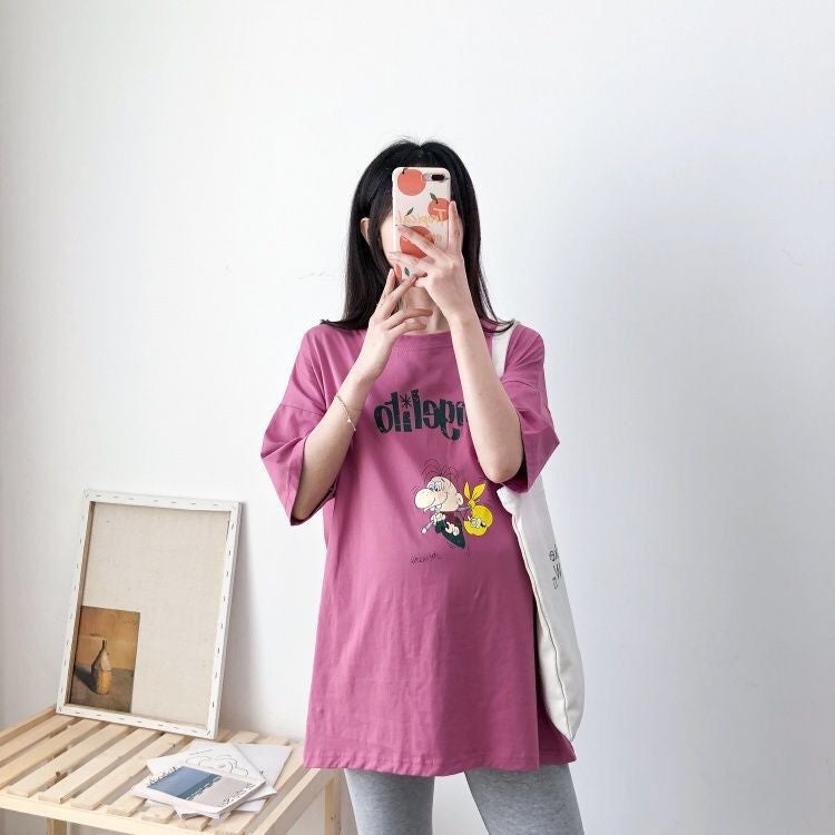 Pregnant womens summer short sleeve top set long Korean version of loose maternity clothes fashion hot mom cotton T-shirt Rose red coat [single]] 