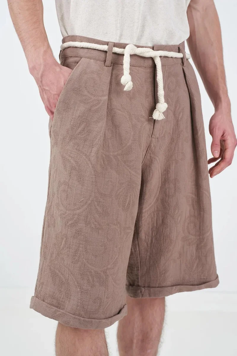 Giesto Beaver Brown GIESTO Textured Mid Waist Wide Leg Shorts for Men | Best Price UAE