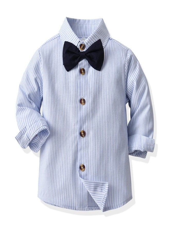 SANGTREE Baby Boys' Dress Clothes, Toddlers Tuxedo Outfit, Long Sleeves Vertical Stripe Button Down Shirt with Bow Tie + Suspender Pants Set Suit, W02 Blue, Tag 70 = 9-12 Months - Image 3