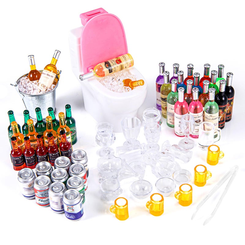 HSJH 71 Pcs Miniature Ice Cubes Beer Bottles and Mini Drink Soda Pop Cans House Accessories for Fairy Garden Pub Bar Cake Decoration 112 Doll House Barrel Pretend Play DIY Party Toys Red Wine - Image 2