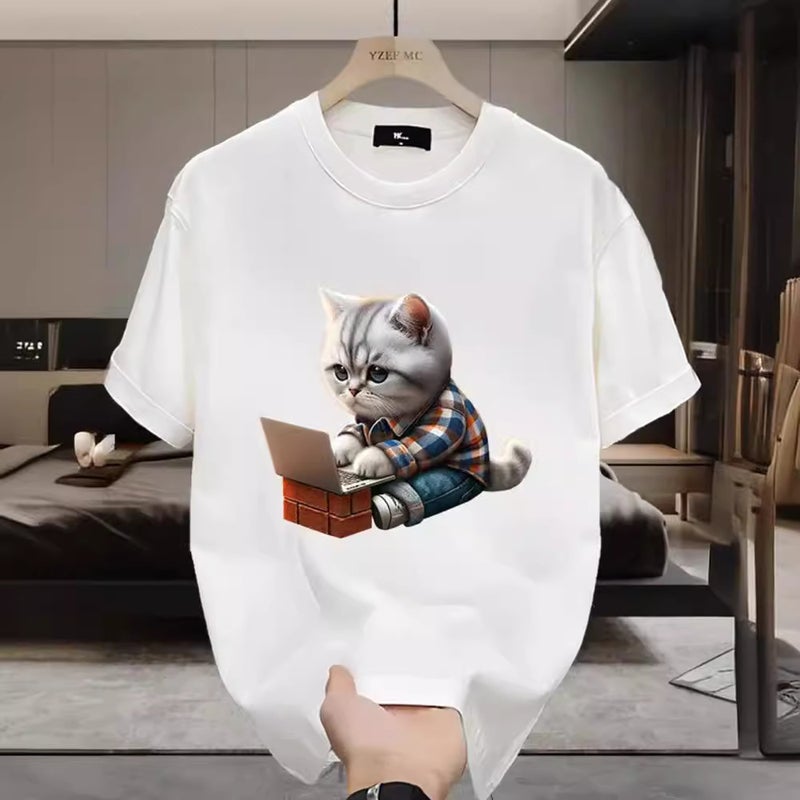 Summer Mens Slim-fit Cartoon Cat Print Tee Black
