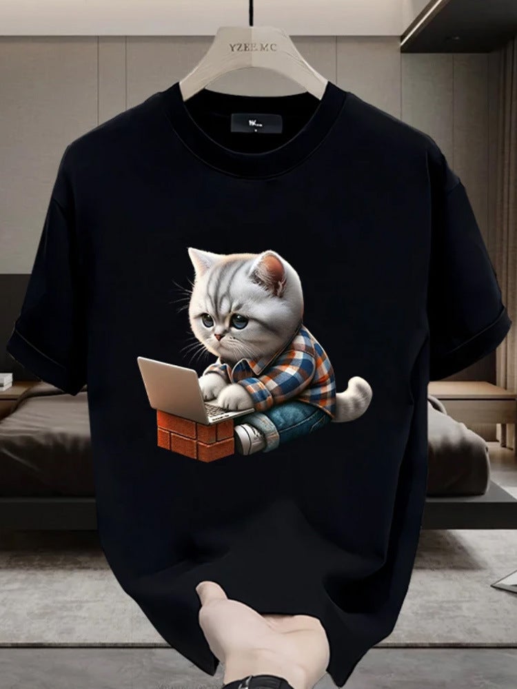 Summer Mens Slim-fit Cartoon Cat Print Tee Black