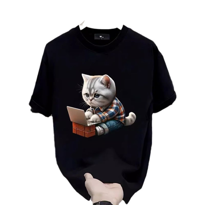 Summer Mens Slim-fit Cartoon Cat Print Tee Black